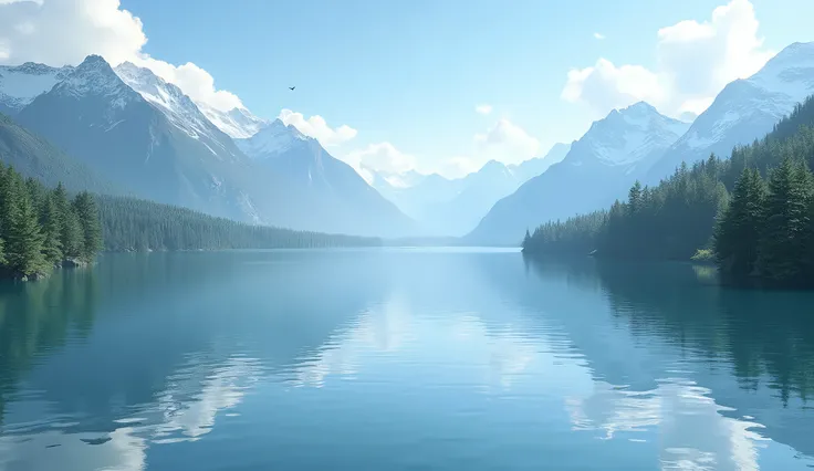 Mirror Lake - A realistic serene lake with snowy mountains or lush vegetation surrounding it, perfectly reflecting the sky.