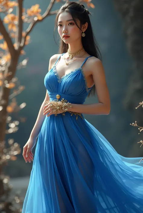 Arapheda woman in blue dress with golden belt and necklace, 3d render of art character 8k, trending at CGSTATION, Chengwei Pan on ArtStation, inspired by Lan Yin, 8k art German side, High quality detailed 8k art, DeviantArt ArtStation CGScosiety, cgsociety...