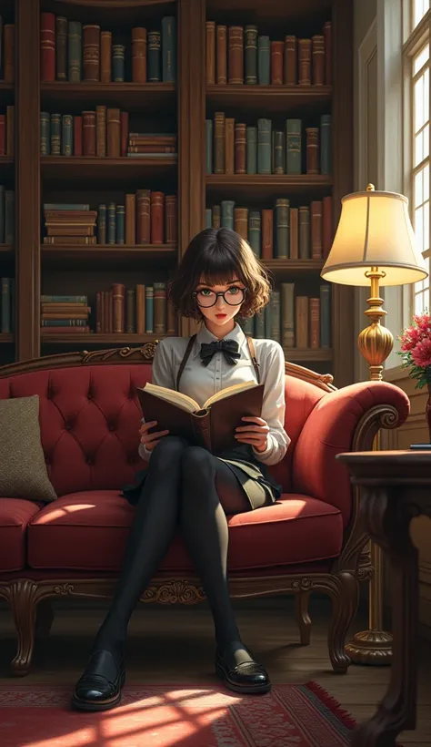 （masterpiece:1.3),(best quality:1.4),(actual:1a.4）,European style,detective agency,Gorgeous living room,Full of books,sofa,A girl is sitting,brown bangs,Natural Curl, short hair,bow tie, round glasses,Wearing ta style clothes,read a book,Ultra HD, Very det...