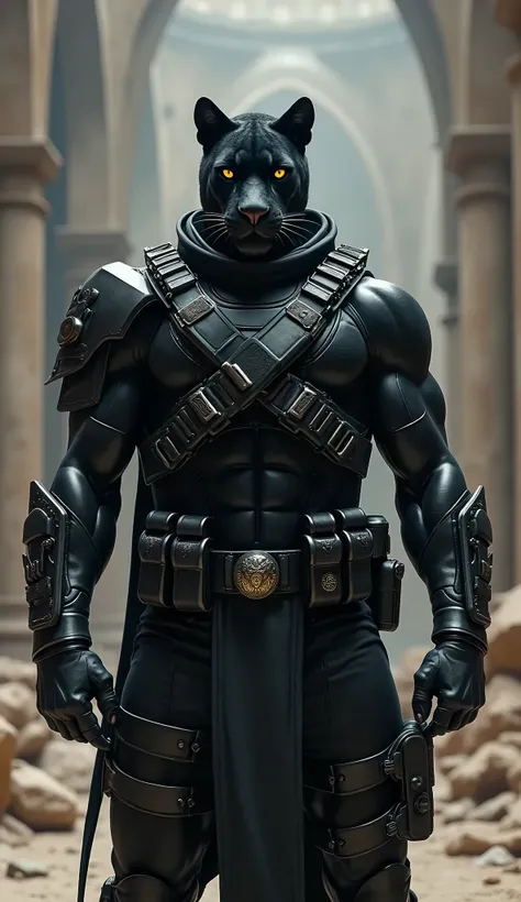 Create a muscular warrior with the head of a black panther, dressed in full black special forces tactical gear. The character should wear modern body armor, a helmet, and various equipment like holsters and pouches, all in sleek black. The character stands...