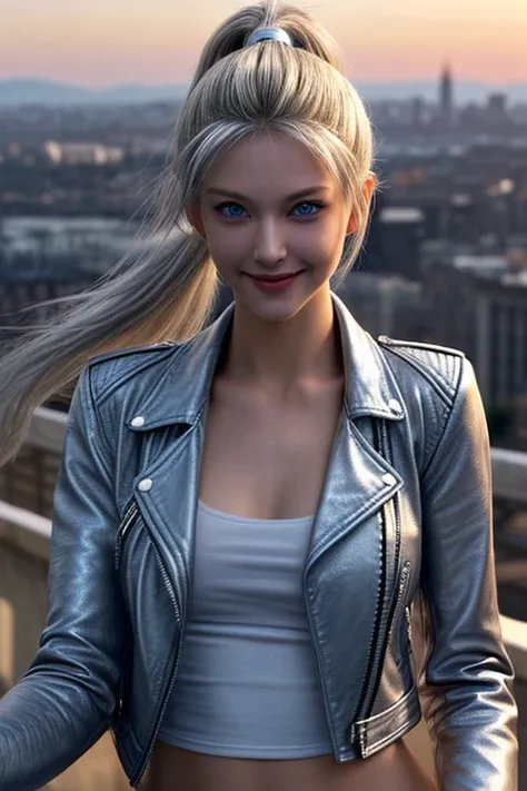 masterpiece, best quality, ultra-detailed, sexy, ero, realistic, real, upper body, city, town, morning, sunrise, autumn, a pretty woman, solo, leather jacket, beautiful silver hair, beautiful blue eyes, beautiful eyes, white-skinned, long hair, ponytail, m...