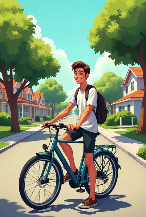 A young man named Alex is standing next to his stylish bike on a quiet street. He is wearing a casual T-shirt and shorts, with a friendly smile on his face. The background shows a peaceful neighborhood with trees and a park in the distance. The scene has a...