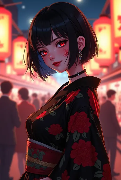 woman (Short bob black hair, bangs,Red eye shadow, Slit Eye, Dark Eyes, Fashion Model Pose, Fashion model smiling, Red flower tattoo on cheek, Large Breasts, Black kimono with floral print, Lots of ear piercings, Tall), Japanese festival night ,Anime Style