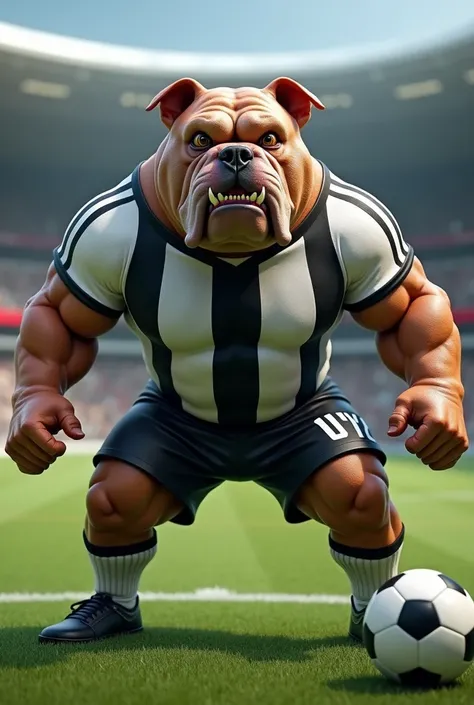 Campo de futebol,  a muscular humanoid bully dog, dressed in a latex football club shirt with black and white vertical stripes.  the dog is standing with its teeth bared and in an attacking position. The bully is in the center of the football field roaring...