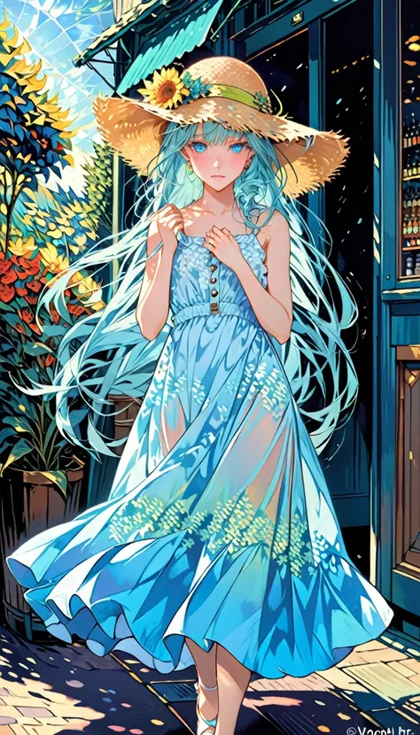 Absurd, high resolution, ultra detailed, break, flat chest, long hair, (((( light blue long hair)))), ((blushing)), clear blue eyes, french braids, break, blunt bangs, walking, break, sundress, Sun hat, mary jane, break, rich gradation, extreme colors, ext...