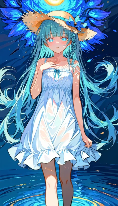 absurd, high resolution, ultra detailed, break, flat chest, long hair, (((( light blue long hair)))), ((blushing)), clear blue e...