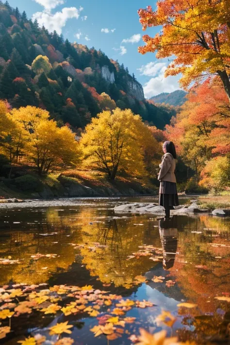 ((masterpiece, Please redeem, Best image quality, High resolution, Realistic, RAW Photos, Highly detailed CG synthesis 8k wallpaper)), (巨大で見事なautumn服の女神ショット,  Incredible beauty, Perfect Proportions, ), Mountain reflected in the dam lake々Autumn leaves, 澄んだa...