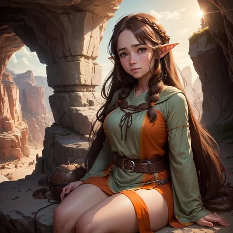 A beautiful village woman with a gentle smile, ((best quality))) (((HD))) (((8k))) (character) 20-year-old woman, elf, ((beautiful)) and ((sad)), ((brown hair)) and ((very long hair:1.2)), voluptuous and Chunky Design, very large breasts, bewitching thighs...