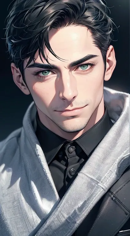 (best quality,4k,8k,highres,masterpiece:1.2),ultra-detailed,(realistic,photorealistic,photo-realistic:1.37),1 man,3,mature man,very handsome,without expression,smile,short grey black hair,green eyes,penetrating gaze,perfect face without errors,imposing pos...