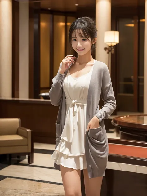 Full Body Shot, (Late-night secret meeting)
break, 
(Party Dresses:1.2), (Layer a cardigan over a dress:1.2), 
break, 
View your viewers, Japanese female university student, (One Woman:1.2), She is very beautiful, Glowing Skin, Perfect Face, Cute and symme...