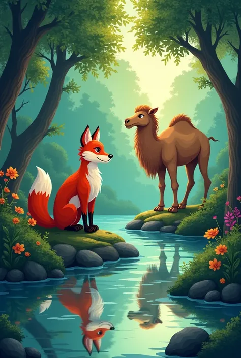 (generate the cover of a work with the legend of the fox and the camel, they being in a forest, with a big river, and both on the same side of the river, make it more beautiful) (make in drawing)