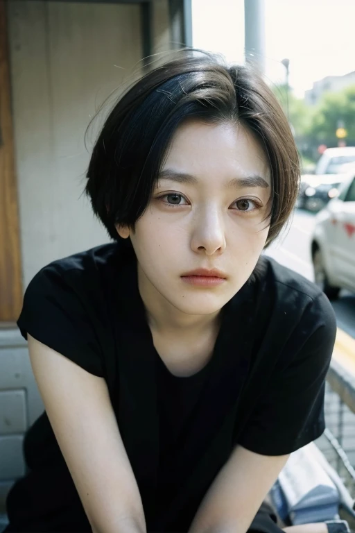 one girl, alone, androgynous, boyish、droopy eyes、fatigue、sleepy face、beauty、japanese women, short hair, food, accurate, anatomic...