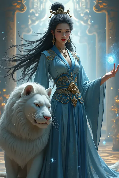 Ancient Chinese Black-Haired Queen,Perfect Fingers,There is a white lion sitting next to it.,Long-range view,spell,ornamentation,Glittering light, Glow, Realistic textures, Maximum resolution, Best quality, 