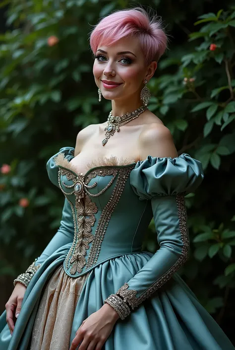 Full body shot, whole body, Full body photo, a European woman in a pink Victorian satin dress standing in front of a bush, bustle dress, pink glossy lips, corset und the dress, bustle dress, tumblr, Baroque, Victorian-style costume, black and purple costum...