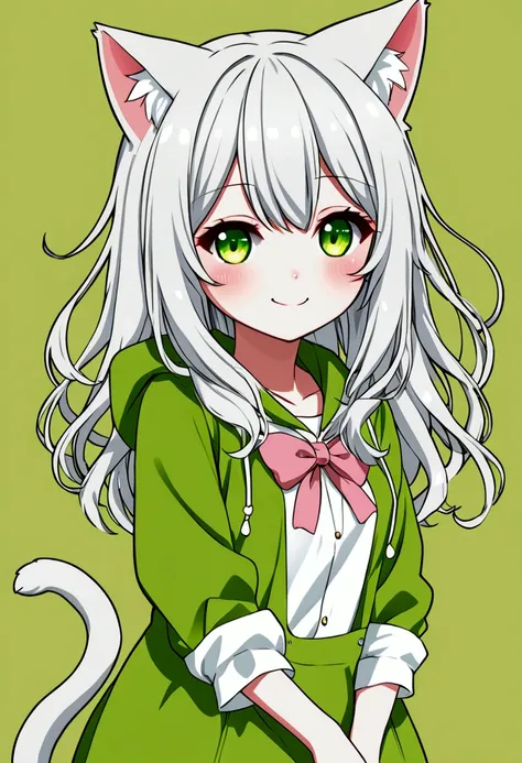 Neko girl, cat girl, green eyes, white hair, slim girl, kawaii, smile, , con, kawaii girl, cat tail, color clothes.