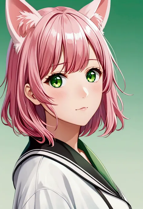 1girl, animal_ears, gradient, gradient_background, green_background, looking_at_viewer, pink_hair, solo by JM