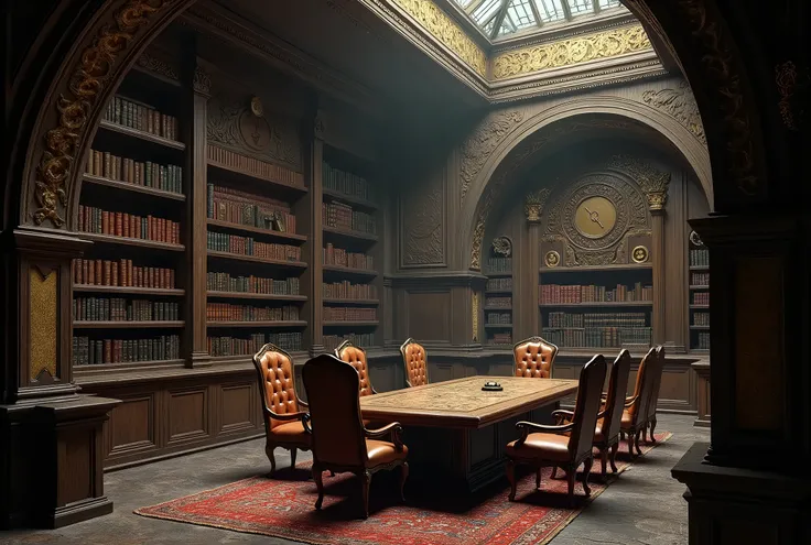 secret society lodge, add very old walls, books, without person