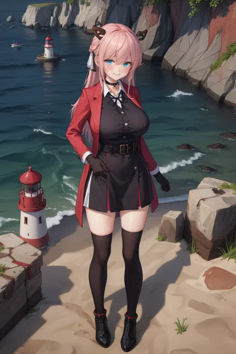 ((masterpiece)),(The best quality),official art, extremely detailed CG, 8k unit wallpaper,ultra detailed, A lighthouse on a cliff by the sea, 1 girl, Alone, standing, looking at the viewer, you live(at ATM),neck ribbon, Blue eyes, Shirt under the dress, Ha...