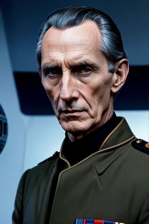 Grand Moff Tarkin in front of the Death Star, the face of a young Peter Cushing, imperial uniform, glow in the eyes