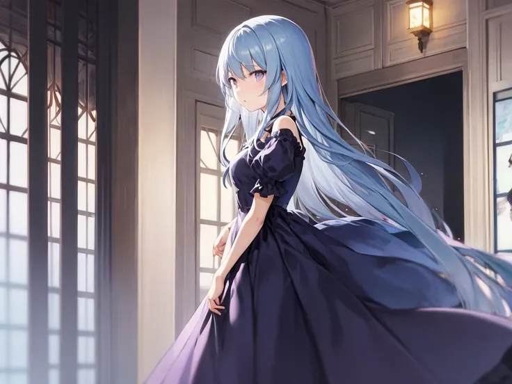 Light blue hair、Purple Eyes、adult、anime、Long Hair、woman、alone、Illustration、Navy Dress、indoor