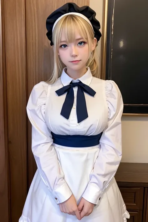 Masterpiece, Best Quality, High resolution, One girl, hayasaka ai, Alone, Blonde, Maid, blue eyes, Side Ponytail, Hair Scrunchie, Hair Accessories, Blue Scrunchie, Maid headdress, apron, Hair between the eyes, chest, Long sleeve, bangs, White shirt, Black ...