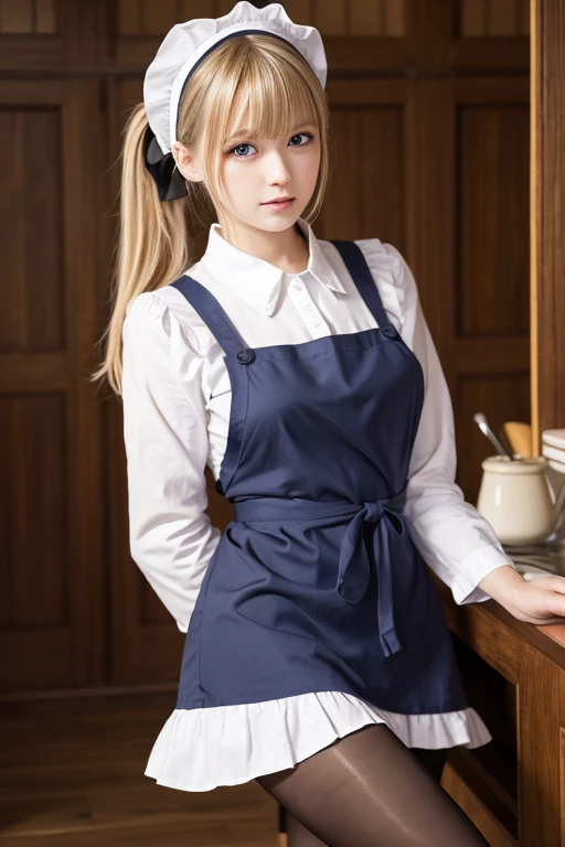 Masterpiece, Best Quality, High resolution, One girl, hayasaka ai, Alone, Blonde, Maid, blue eyes, Side Ponytail, Hair Scrunchie, Hair Accessories, Blue Scrunchie, Maid headdress, apron, Hair between the eyes, chest, Long sleeve, bangs, White shirt, Black ...