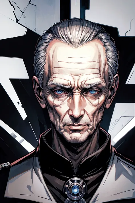 Grand Moff Tarkin in front of the Death Star, the face of a young Peter Cushing, Cyborg, part of the face is torn off, revealing mechanical parts like the Terminator, imperial uniform, glow in the eyes