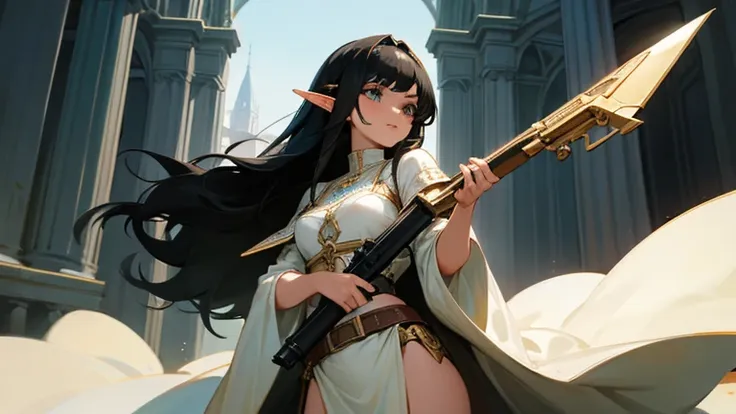 fantasy, female, elf, black hair, wearing revealing white roman clothes, holding a gun, masterpiece, 4k, high detail