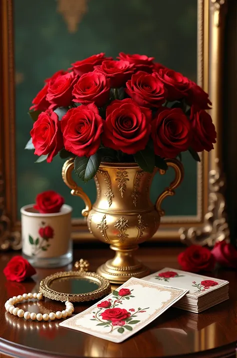 A vintage vase, with red velvet roses, an antique gilded mirror and cards with small red roses. A hairbrush and an ivory pearl necklace. Super Hyper Realism, Sharpness and resolution in 8K