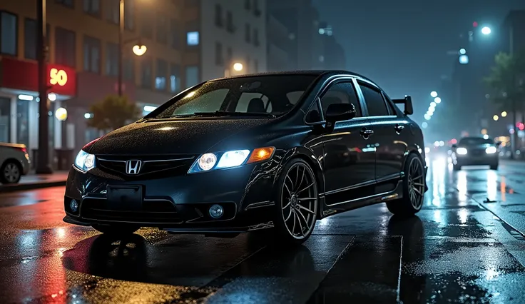 a 2007 Honda Civic vehicle on the ground with 20-inch wheels in the city at night