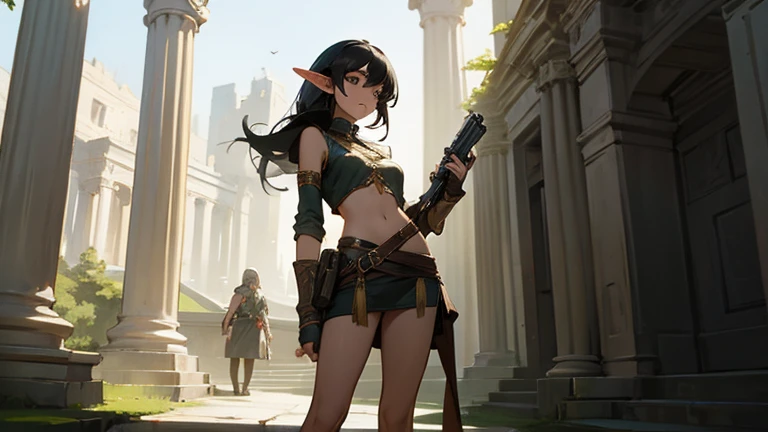 fantasy, female, elf, black hair, wearing revealing any color roman clothes, holding a handgun in right hand, standing straight,...