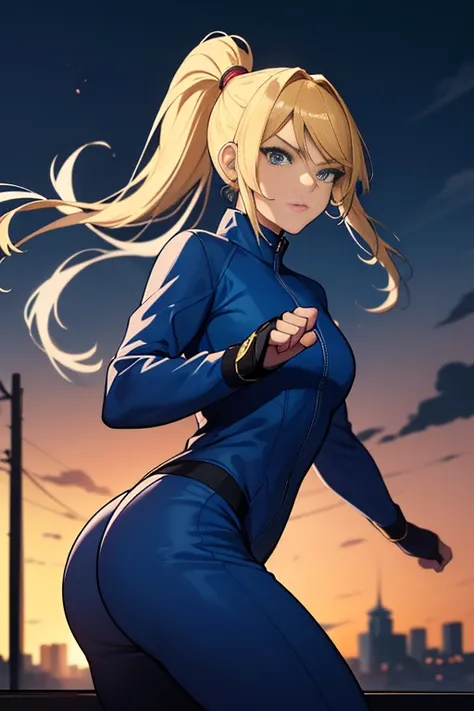 masterpiece, best quality, samus aran, horse tail, hair elastic, blue sweatshirt, black sweatpants, looking at the viewer, city background, cowboy shot, (( fighter pose))