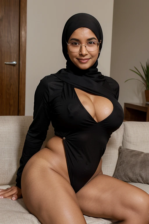 Wear black Hijab, wear silver glasses, tanned skin, malay, big nose, pretty, model, big breast, curvy body, sitting, polite, smile, sofa indoor, side body pose, nice ass, nude, sexy