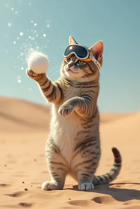 Raise a cat, standing, with snow goggles, In his hand, a snowball, pose throwing the snowball. Behind him, its a desert.