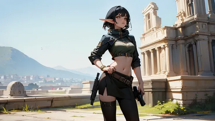 fantasy, female, elf, black hair, wearing revealing any color roman clothes, holding a destiny2weapon handgun in right hand, sta...