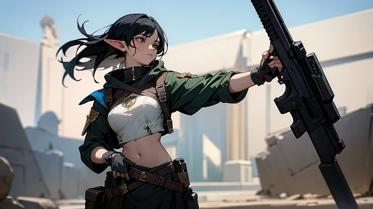 fantasy, female, elf, black hair, wearing revealing any color roman clothes, holding a destiny2weapon handgun in right hand, sta...