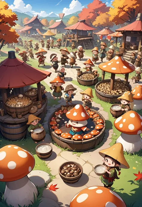 Harvest festival in a mushroom village, lots of different mushrooms, dancing villagers, singing villagers, drunken villagers, eating villagers, heaps of mushroom dishes, many barrels of sake, bright festival, autumn colors, autumn leaves and fallen leaves,...