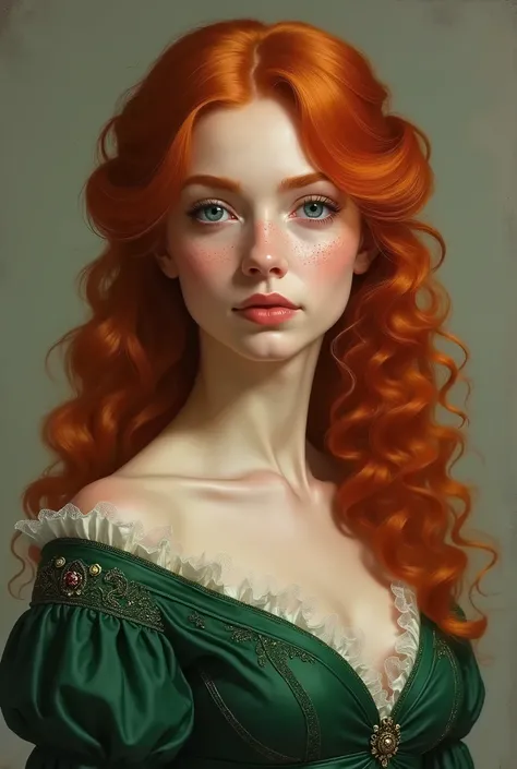 red-haired noblewoman with freckles in a green dress