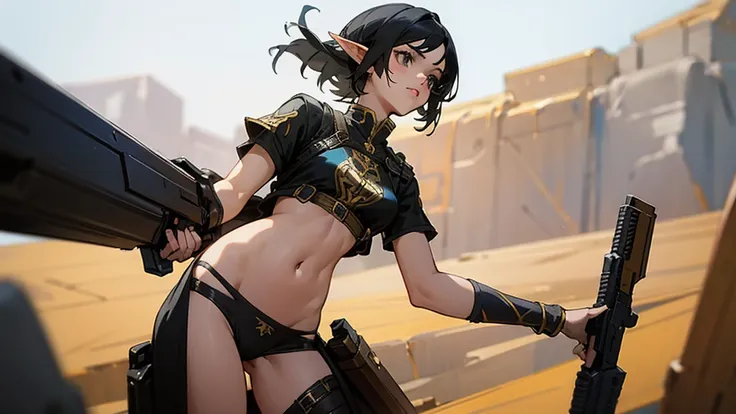 fantasy, female, elf, black hair, wearing skimpy any color roman clothes, holding a destiny2weapon handgun in right hand, standi...