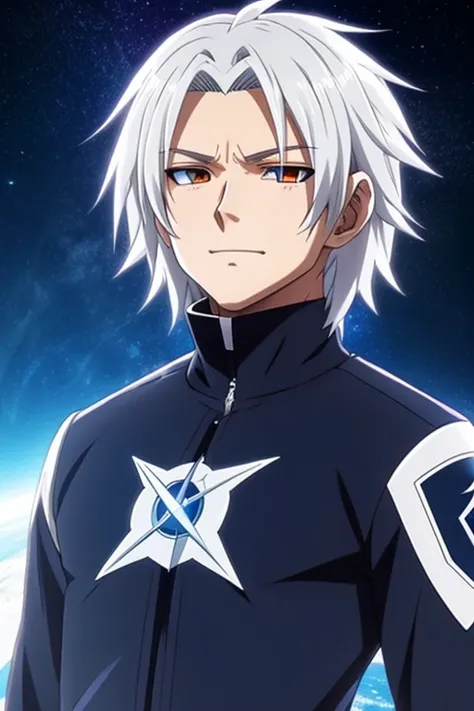 Create an anime character with white eyes, rays in the background in space with a very masculine white hair