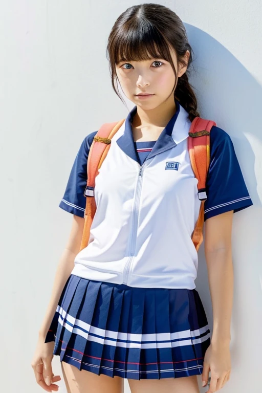 Japanese schoolgirl、Neat、Serious expression、In front of a white wall、Stand upright、View your viewers、Turn your whole body towards the viewer、Center open swim suit