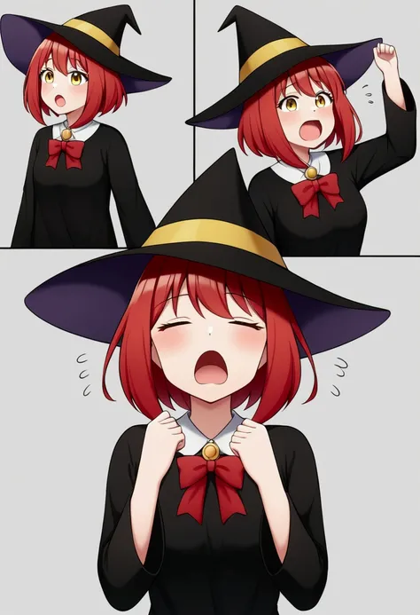 make an image of a red-haired teenage girl with yellow eyes, with short red hair, dressed as a witch with a witch hat, yawning, sleepy. in spy x family art style illustration by Tatsuya Endo,