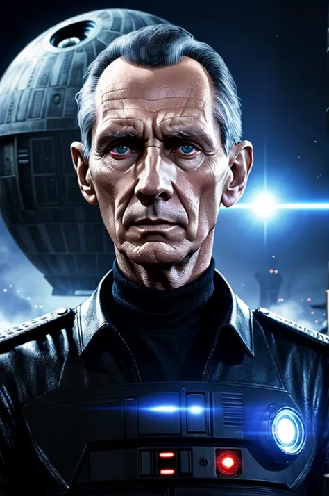 Grand Moff Tarkin in front of the Death Star, terminator, Cyborg, android, mechanical eye, glow in the eyes, imperial uniform,