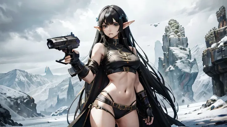 fantasy, female, elf, black hair, wearing skimpy any color roman clothes, holding a destiny2weapon handgun in right hand, standi...