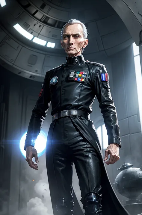 Grand Moff Tarkin in front of the Death Star, terminator, Cyborg, android, mechanical eye, glow in the eyes, imperial uniform,