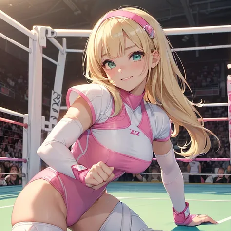 Masterpiece, HD, female wrestling art, high quality, carefuly detailed, high resolution, very detailed features and textures. Multiple views.
{{(A 13-years-old human girl princess:(she has: fair skin. very short blonde hair. Green eyes. Cute face. Early-te...