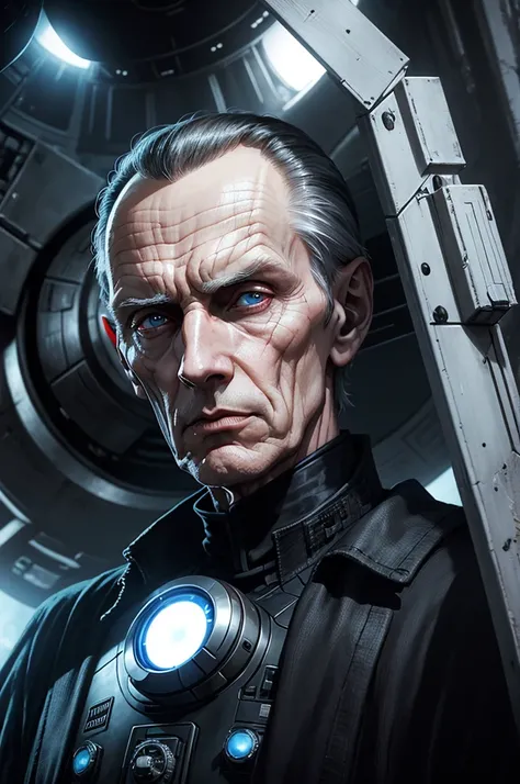 Grand Moff Tarkin in front of the Death Star, terminator, Cyborg, android, mechanical eye, glow in the eyes, imperial uniform,