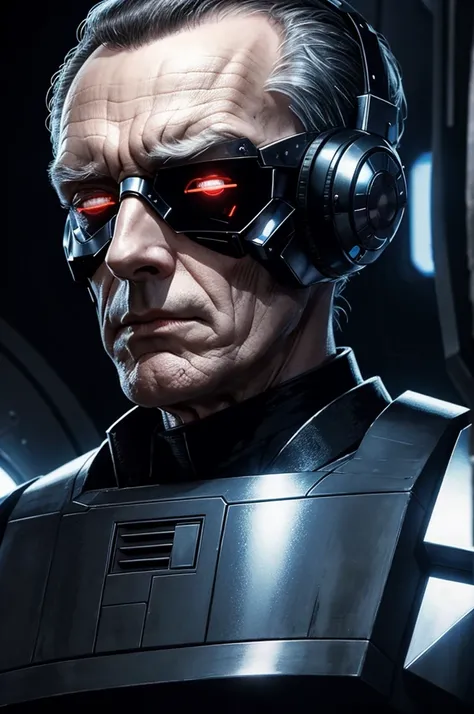 Grand Moff Tarkin in front of the Death Star, terminator, Cyborg, android, mechanical eye, glow in the eyes, imperial uniform,