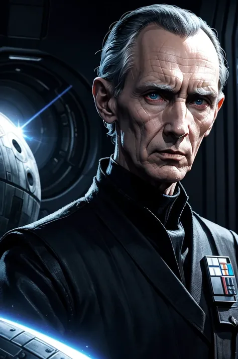 Grand Moff Tarkin in front of the Death Star, terminator, Cyborg, android, mechanical eye, glow in the eyes, imperial uniform,