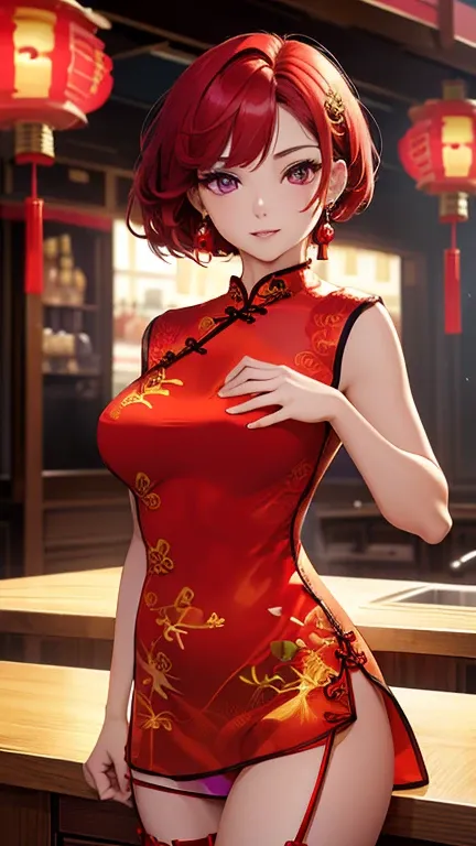 Highest quality、highest quality、Highest Resolution、beautiful girl, Bright red hair,Short Hair、Big Breasts、Hair clip, Detailed purple eyes, ((Red cheongsam like underwear:1.4)),Firm breasts,Gold Necklace、Golden earrings、In close range